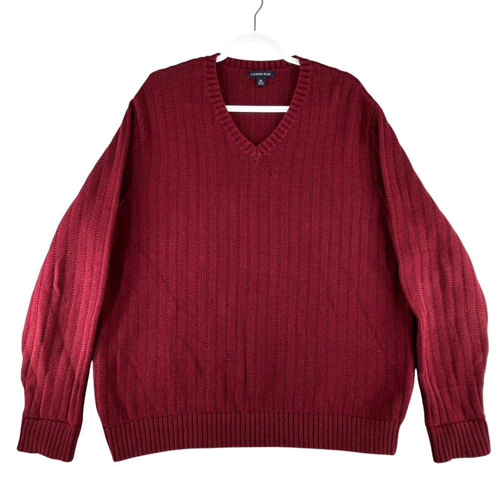 Lands End Burgundy V Neck Ribbed Knit Long Sleeve Sweater Mens X-Large Fisherman